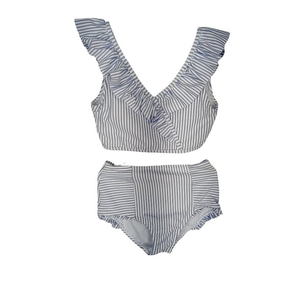 Ruffle Butts Tween Girl Striped Blue & White Ruffle Bikini Set For Girls Size 10 - Picture 1 of 10
